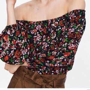 Zara Black Floral Off-Shoulder Top